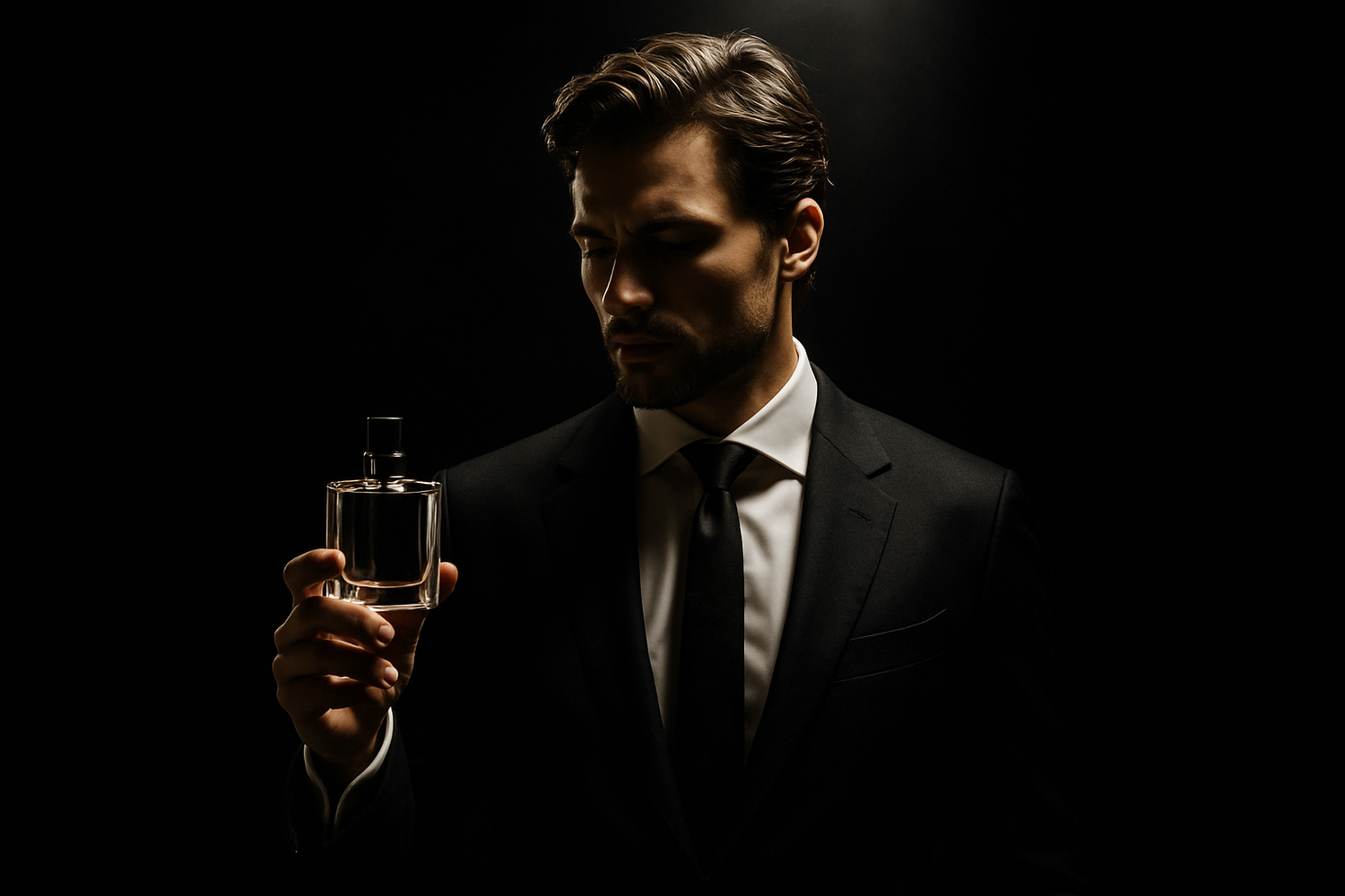 A man holding a perfume in a dark room focus on him